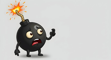 Fototapeta premium Cartoon Bomb Character with Frightened Expression and Lit Fuse