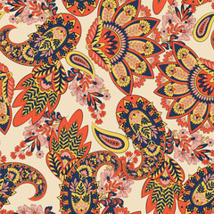 Paisley vector seamless design flowers and leaves in a batik-inspired style. Vintage fabric backdrop