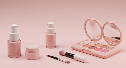 Elegant Soft Pink Makeup Collection on Pastel Pink Background