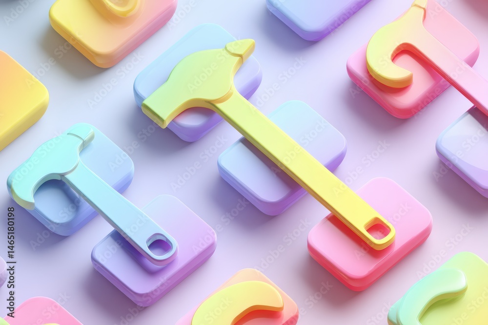 Poster Colorful Pastel Gradient With Floating Wrench and Hammer Icons Representing Tools and Creativity in a Modern Design Setting Generative AI