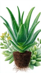 Obraz premium Aloe Vera Plant Watercolor with Roots and Flowers Botanical Illustration
