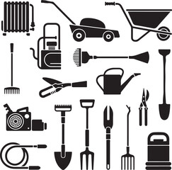 Fototapeta premium Blooming Garden Scene SilhouetteGardener with Watering Can Vector ArtFloral Garden Under Sunlight SilhouetteBackyard Garden Tools Silhouette DesignGarden Fence and Flowers Vector Scene