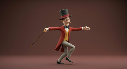 Colorful animated character dancing with cane in whimsical attire
