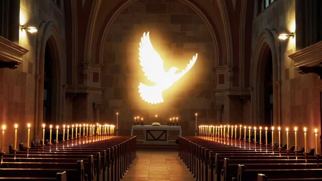 Pentecost Symbolism in a Serene Church Setting with Radiant Dove