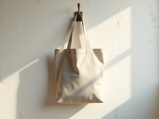 Elegant Simplicity, A Photorealistic Mockup of a Durable Tote Bag on a Textured Wall, Perfect for Showcasing Designs or Sustainable Lifestyle Concepts