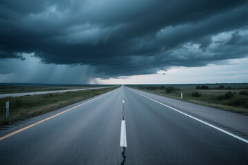 Fototapeta premium Dramatic view of a straight road under a looming dark storm cloud capturing the powerful atmosphere and conveying a sense of foreboding anticipation.