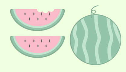 Pastel watermelon illustration featuring whole fruit and sliced pieces with cute soft colors. Perfect for summer themes, children's designs, and kawaii-style projects.