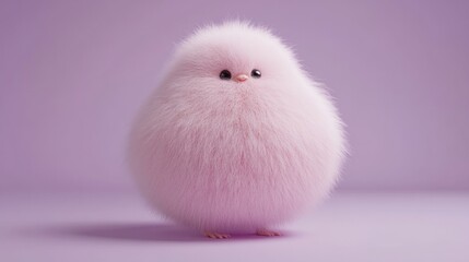 Pink fluffy funny animal with a small head, Yeti isolated on a purple background. 