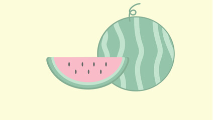 Pastel watermelon illustration featuring whole fruit and sliced pieces with cute soft colors. Perfect for summer themes, children's designs, and kawaii-style projects.