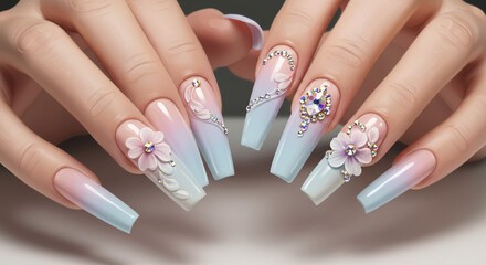 Nail art designs coffin nails with flower and rhinestone embellishments for spring summer