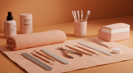 Nail care tools and products for manicure and pedicure set up in a beauty salon spa setting