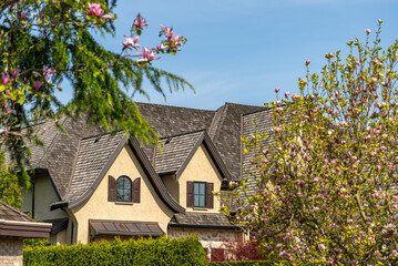 Top of grey stucco luxury house with shingle roof, green trees and nice windows in Spring in Vancouver, Canada, North America. Day time on April 2025.
