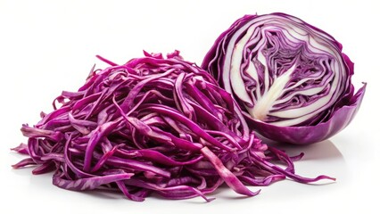 Obraz premium Fresh sliced red cabbage on a white background with some loose strands