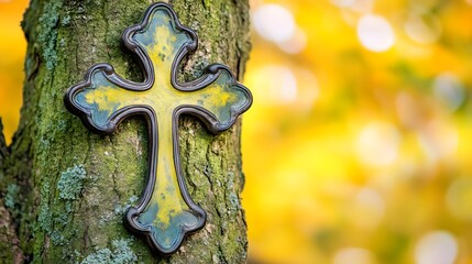 Ornate Yellow Cross on Tree Trunk Autumn Background