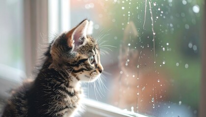 Gato Filhote Observando Gotas de Chuva na Janela com Reflexo
