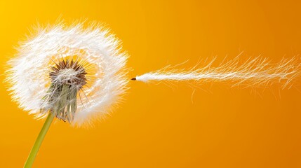 Fototapeta premium Dandelion Seed Head Blowing in the Wind Against Orange Background