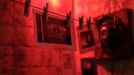 Cinematic darkroom with a warm red glow. Vintage camera. 