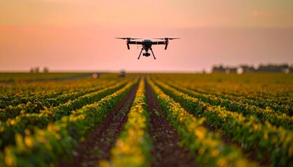 Drone Sobrevoando Plantação ao Pôr do Sol
