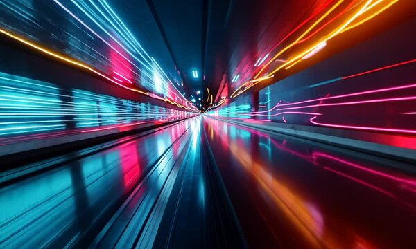 A dynamic, abstract representation of colorful light trails and reflections in a futuristic urban environment, capturing the essence of speed and modernity