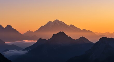 Golden Hour Mountain Range with Misty Sunset and Soft Colorful Sky