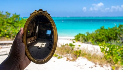 Naklejka premium Mirror showing ruins inside abandoned house with beautiful beach in the background