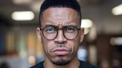 Fototapeta premium Portrait of a man looking confused with eyeglasses on