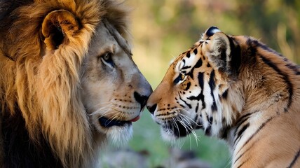Fototapeta premium A lion and a tiger gaze at each other with tenderness, demonstrating harmony and affection, as they softly touch noses