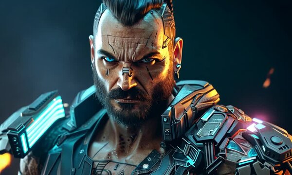 A futuristic warrior with cybernetic enhancements stands confidently, showcasing intricate armor details against a vibrant, neon-lit background
