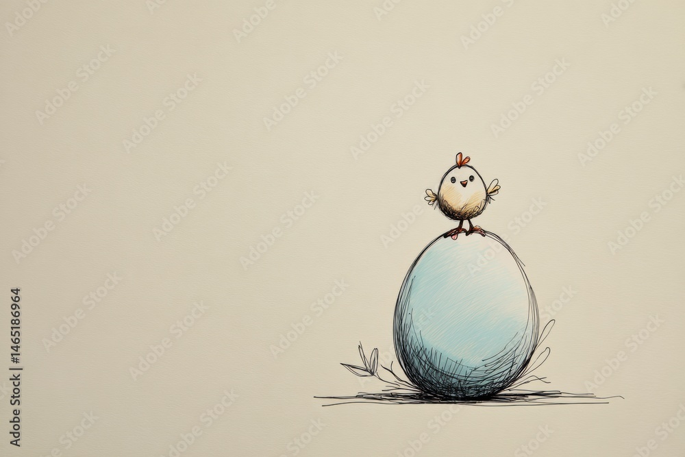 Aufkleber Whimsical Sketch of a Small Chicken Perched on a Pastel Blue Egg Surrounded by Soft Colors and Playful Elements Generative AI