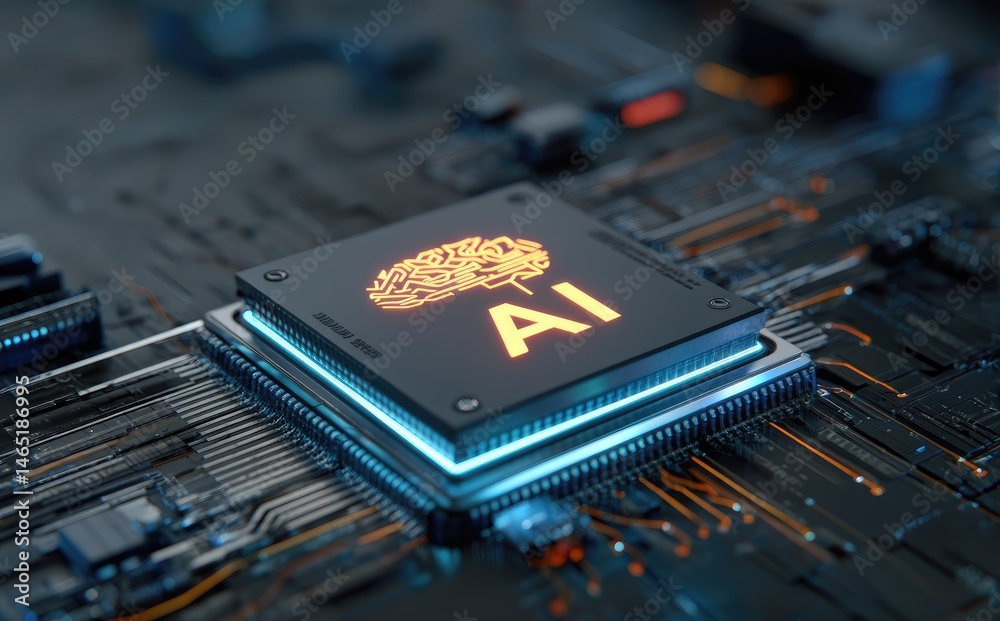 Poster glowing ai chip on a futuristic motherboard with orange and blue elements, suitable for showcasing s