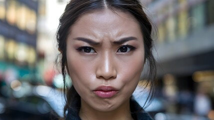 Obraz premium A woman with an angry facial expression in a cityscape