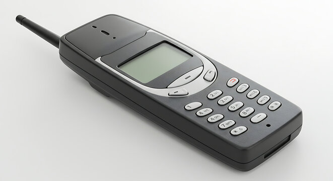 A classic black retro mobile phone, featuring a prominent external antenna, a small monochrome LCD screen, and a physical numeric keypad, is presented