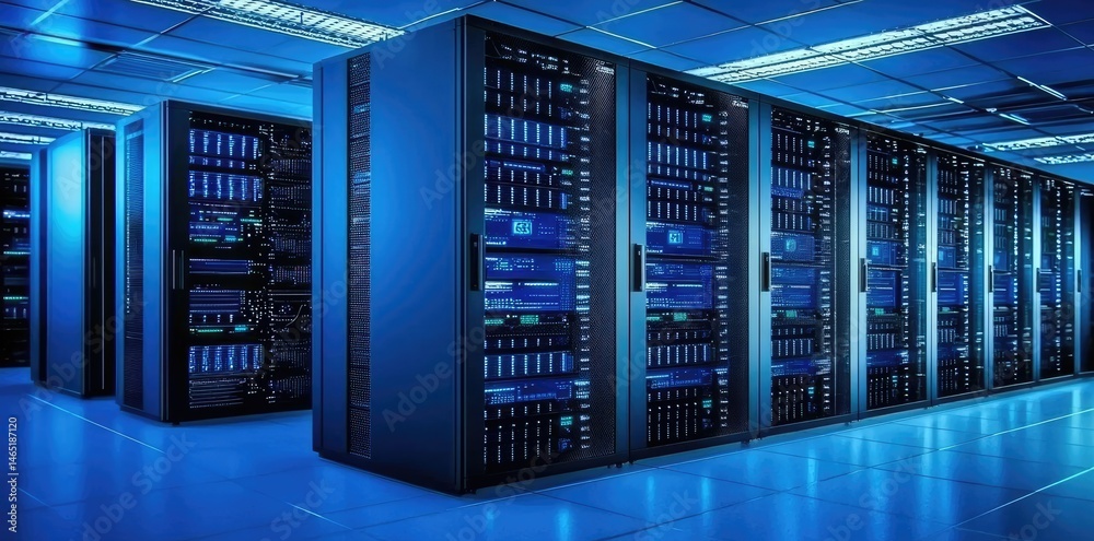 Poster blue-lit server room with densely packed data racks, glowing panels, and strong perspective, perfect