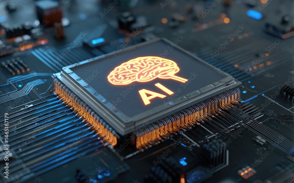Poster Close-up 3D render of glowing AI processor chip on a circuit board, ideal for illustrating artificial intelligence, machine learning, and digital innovation themes