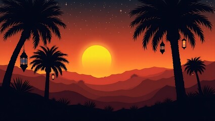 Obraz premium A silhouetted desert landscape at sunset, with palm trees and hanging lanterns