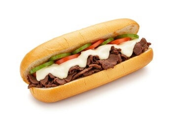 Delicious cheesesteak sandwich with fresh toppings on white background