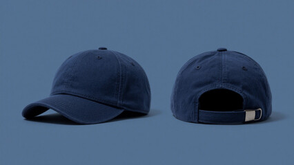 Front and back view of a navy blue baseball cap with a simple design set against a matching blue background suitable for apparel design and fashion projects.