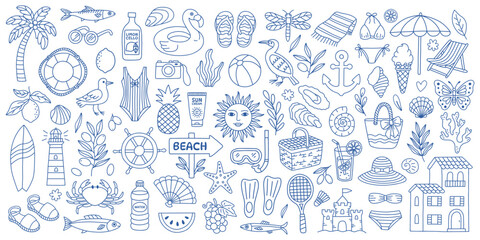 Cute set of hand drawn mediterranean summer beach doodle with sea animals, tropical fruits, drinks, shells, accessories, vacation items, water activities. Dolce vita Italian travel icon elements