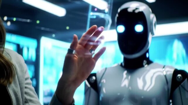 Hand touching robot&acirc;&euro;&trade;s hand symbolizing human-AI collaboration