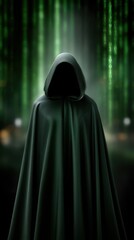 Mysterious hooded figure in a cloak with a green data stream background.  Conspiracy and anonymity concepts.