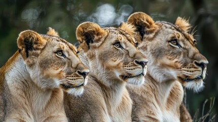 Obraz premium A group of lions, each from different age groups (cub, young adult, and elderly), gazing thoughtfully.