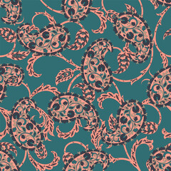 Digital vector textile print. Seamless Design for covers, fabrics, textiles, wrapping paper, featuring an antique Thai vector pattern Paisley Indian motifs and decorative floral elements
