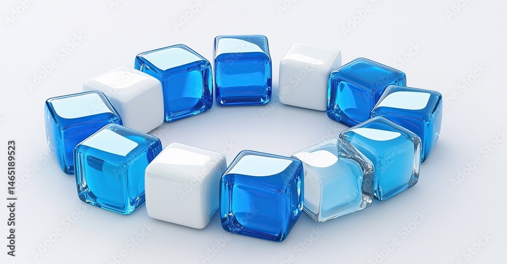 Poster 3D rendering of blue and white cubes arranged in an abstract pattern on an isolated background