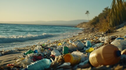 A wide-angle shot of a beach filled with plastic waste, with the ocean waves in the background. The blurred effect highlights the stark contrast between environmental degradation and human activities.