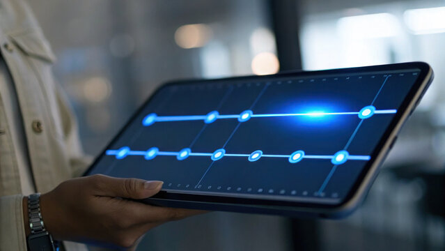 Covid19 person holds tablet displaying digital interface with blue elements, showcasing technology and innovation during