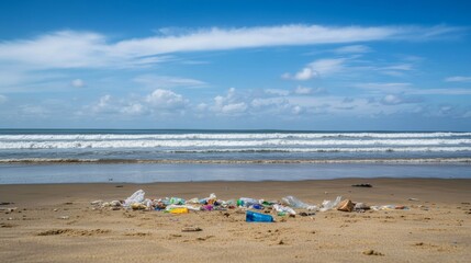 A wide-angle shot of a beach filled with plastic waste, with the ocean waves in the background. The blurred effect highlights the stark contrast between environmental degradation and human activities.