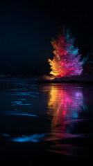 Brooding ice gaining control colorful christmas tree on snowy shore.