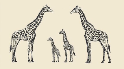 Naklejka premium A hand-drawn illustration of a giraffe family in different stages of life, standing in a line.