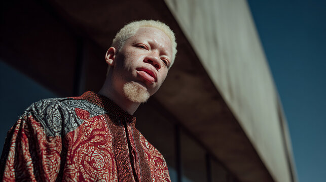 Person of color with albinism posing confidently in natural light, bold inclusion image	