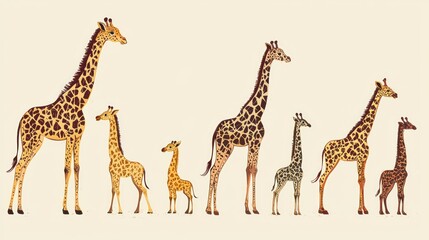 Obraz premium A hand-drawn illustration of a giraffe family in different stages of life, standing in a line.